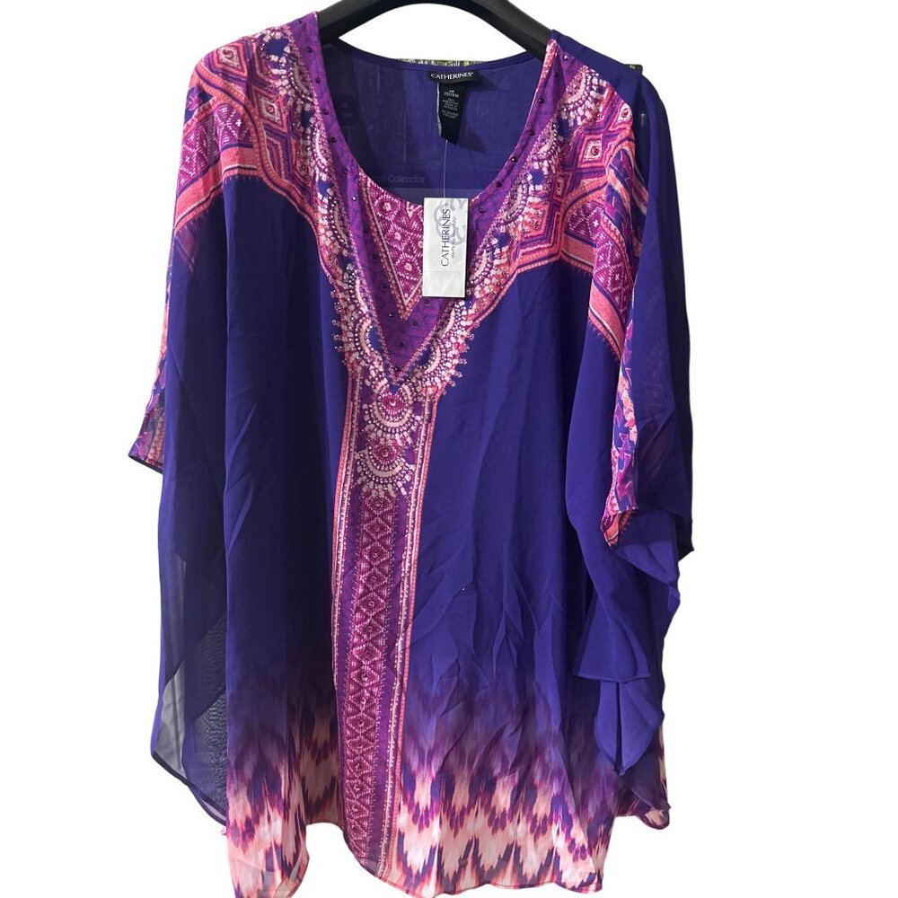 Catherine's 2X Purple & Pink Beaded V-Neck Poncho-Style Blouse